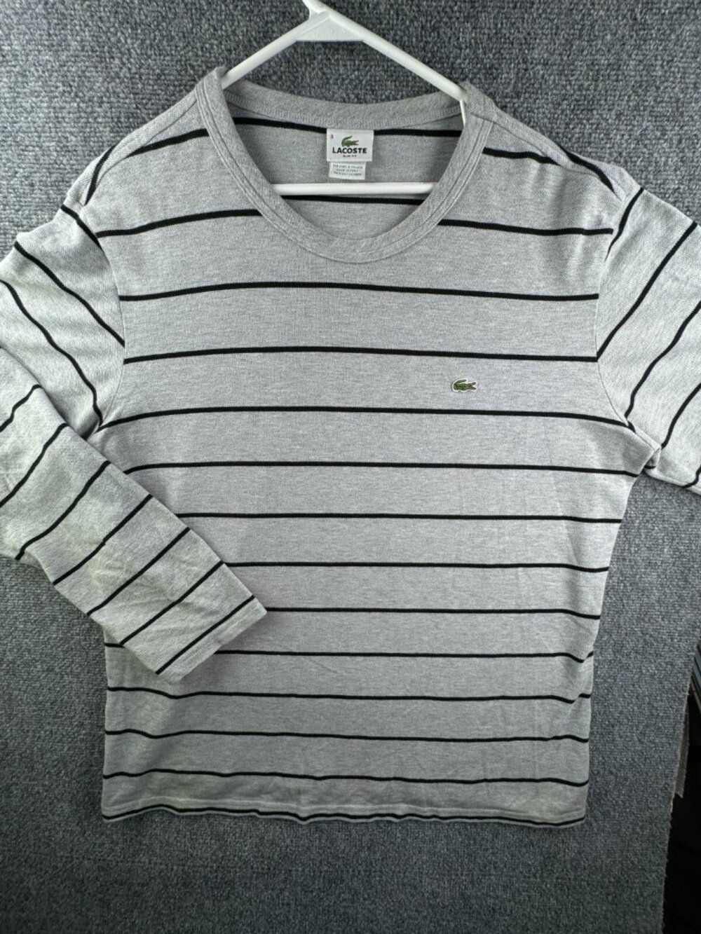 Lacoste Size 8 Slim Fit Striped Gray Sweater Pullover Knit Men Croc Logo Light